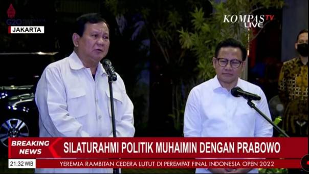 Ketua Umum Partai Gerindra Prabowo Subianto dan Ketua Umum PKB Muhaimin Iskandar menggelar konfrensi pers bersama usai pertemuan keduanya di rumah pribadi Prabowo, Kertanegara, Jakarta Selatan, Sabtu (18/6/2022). (Sumber: Tangkapan layar Kompas TV)