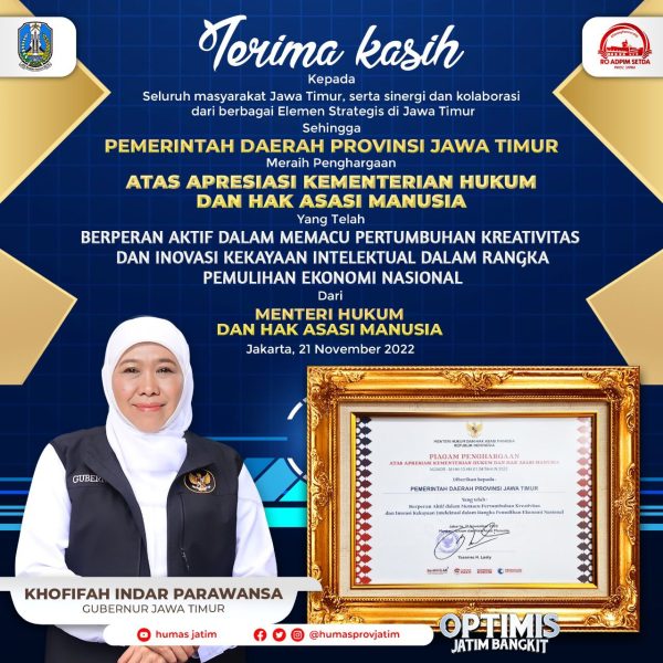 Pemerintah Provinsi Jawa Timur kembali menorehkan prestasinya di tingkat nasional. Kali ini, penghargaan Kementerian Hukum dan Hak Asasi Manusia sebagai apresiasi atas peran aktifnya dalam memacu pertumbuhan kreativitas dan inovasi Kekayaan Intelektual (KI) dalam rangka pemulihan ekonomi nasional