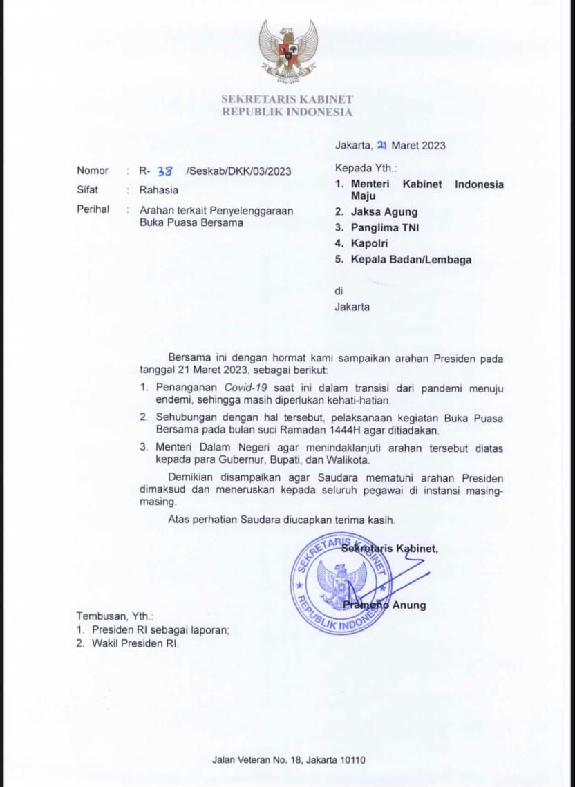 surat Sekretaris Kabinet Republik Indonesia Nomor 38/Seskab/DKK/03/2023 perihal arahan terkait penyelenggaraan buka puasa bersama