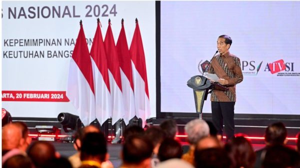 Presiden Joko Widodo menghadiri puncak peringatan Hari Pers Nasional Tahun 2024 yang digelar pada Selasa, 20 Februari 2024, di Ecoventional Hall, Ecopark, Ancol, Jakarta Utara. Foto: BPMI Setpres