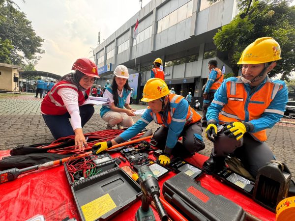 Srikandi PLN Unit Induk Distribusi (UID) Jakarta Raya (Rompi merah) Siti Nur Pazriah Team Leader K3 PLN Unit Pelaksana Pelayanan Pelanggan (UP3) Jatinegara bersama (rompi biru) Cendya Quaresvita Team Leader K3 di PLN UP3 Kebon Jeruk sedang melakukan inspeksi pada peralatan kerja tim Pelayanan Teknik