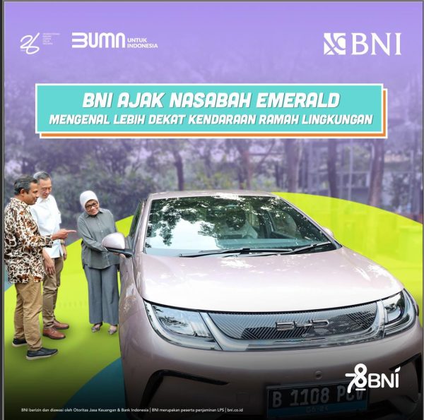 BNI menggandeng BYD untuk mendukung pemerintah dalam membangun ekosistem hijau melalui industri mobil listrik. Bentuk dukungan ini diwujudkan dengan menyelenggarakan private event “Discover a Sustainable Future with BNI”.