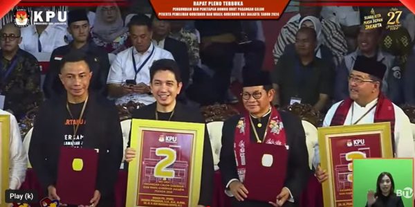 Komisi Pemilihan Umum (KPU) DKI Jakarta secara resmi telah mengumumkan hasil pengundian nomor urut pasangan calon gubernur dan wakil gubernur untuk Pilgub Jakarta 2024 (Sumber Layar Tangkapan BTV)