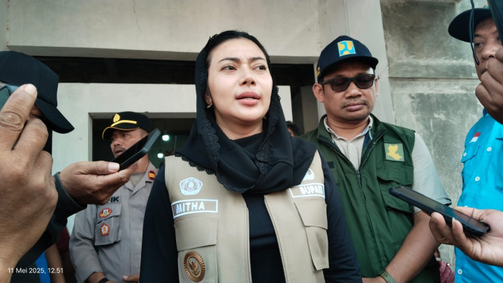 Bupati Brebes Paramitha Widya Kusuma saat meninjau lokasi banjir di empat desa di Kecamatan Ketanggungan, Minggu (11/5/2025).