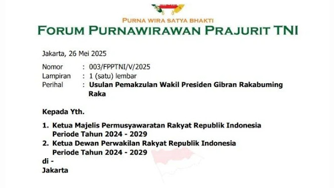 Forum Purnawirawan TNI Surati DPR-MPR Desak Pemakzulan Gibran