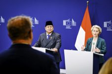 Pernyataan Pers Bersama Presiden Republik Indonesia, Prabowo Subianto dan Presiden Komisi Eropa, Ursula von der Leyen, di kantor pusat Uni Eropa, Berlaymont Building, Brussel, Belgia, pada Minggu, 13 Juli 2025. (Sekretariat Presiden RI)