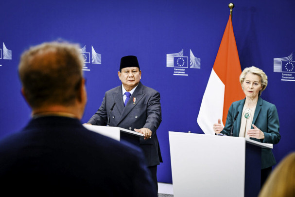 Pernyataan Pers Bersama Presiden Republik Indonesia, Prabowo Subianto dan Presiden Komisi Eropa, Ursula von der Leyen, di kantor pusat Uni Eropa, Berlaymont Building, Brussel, Belgia, pada Minggu, 13 Juli 2025. (Sekretariat Presiden RI)